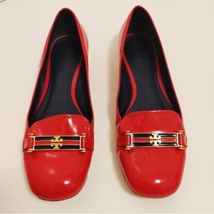 Tory Burch red patent leather loafers with leather sole